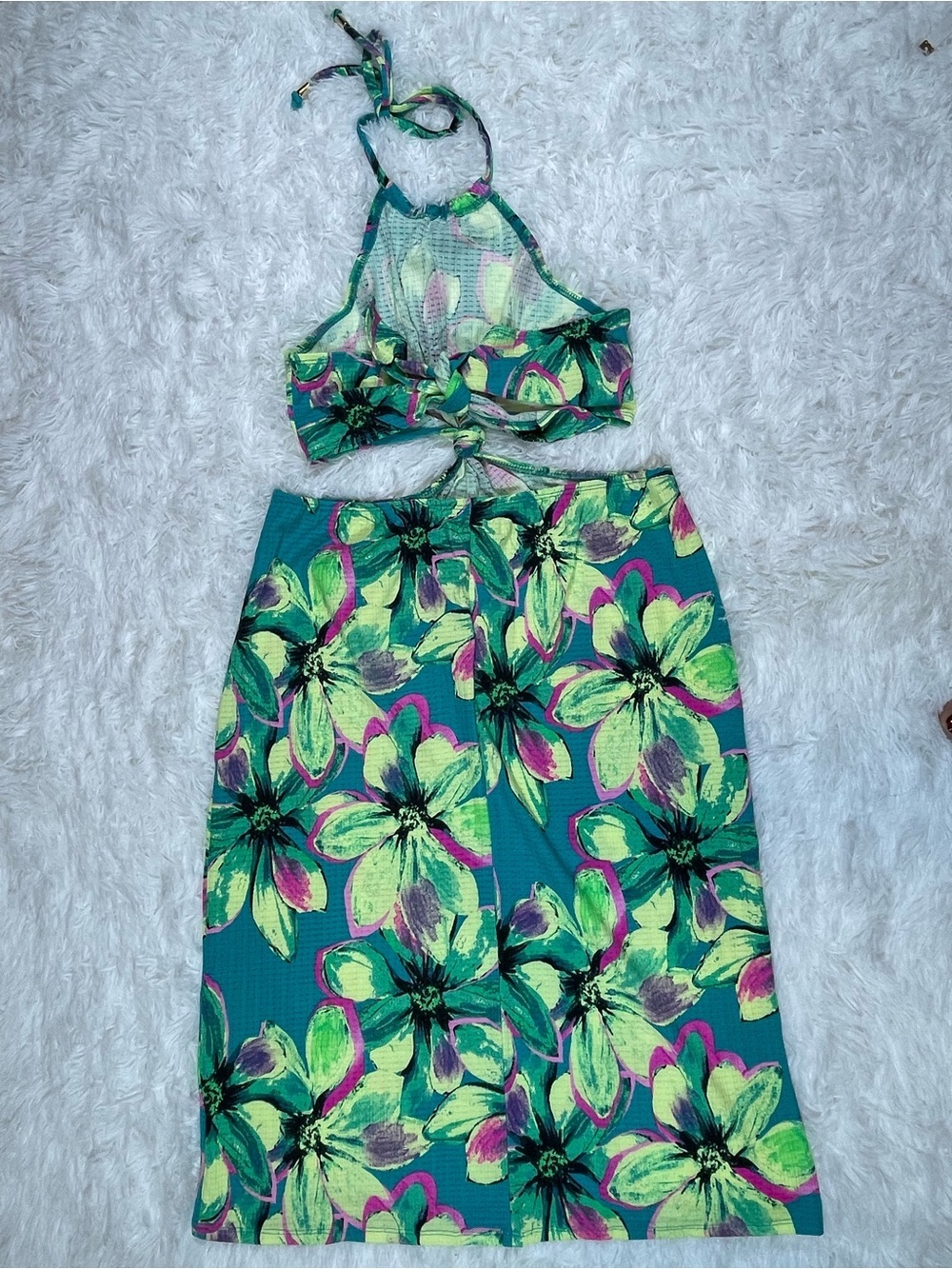 Miken Swim Women’s Tropical Halter Swim Coverup Dress - Teal & Lime Size M NWOT - Picture 3 of 10